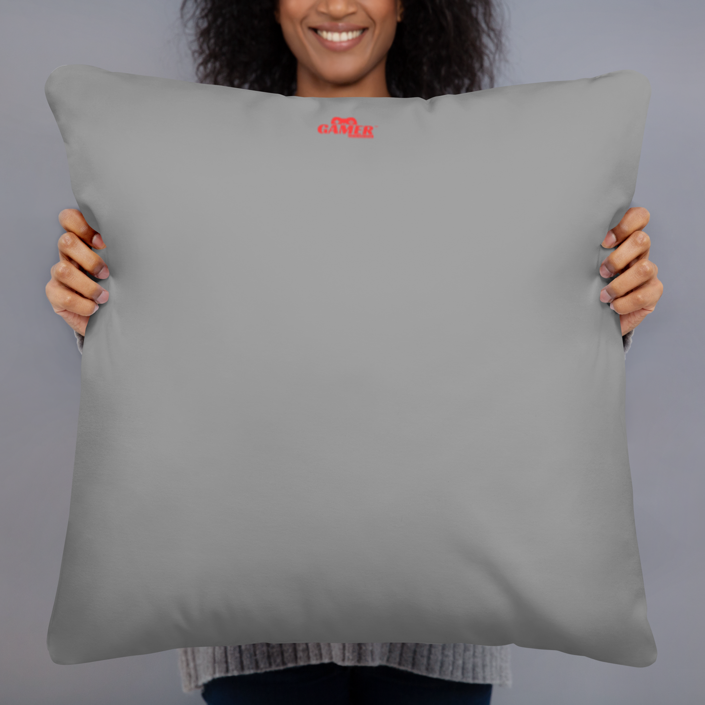 Gamer Gifts and Gear logo on back of medium grey pillow