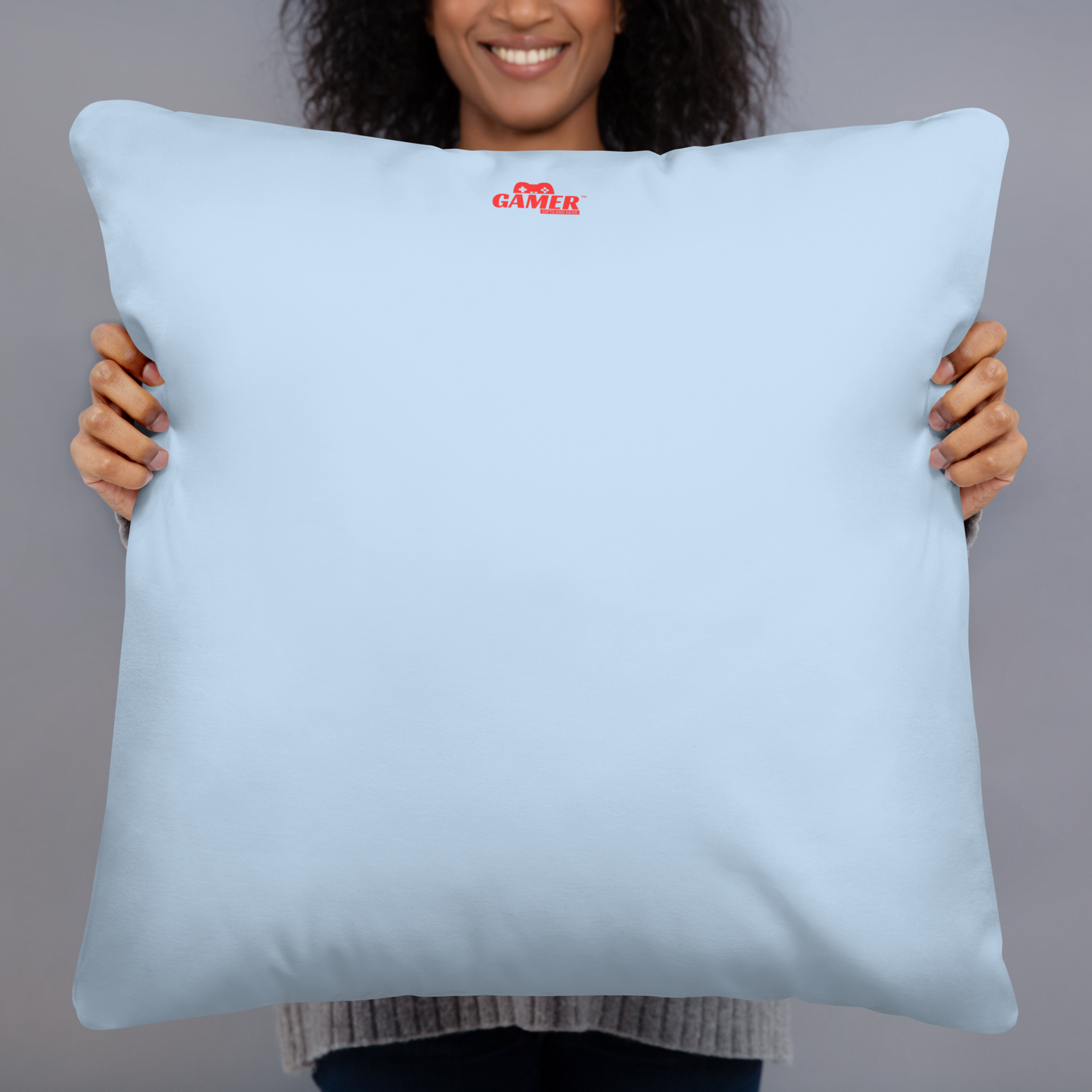 Gamer Gifts and Gear logo on back of light blue pillow