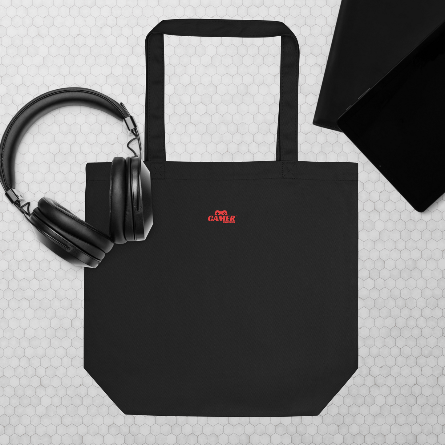 Gamer gifts and gear logo on back of black tote bag