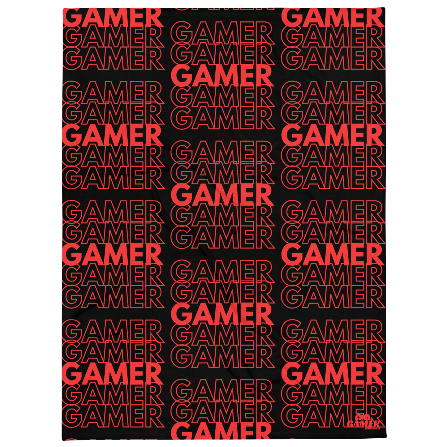 Gamer repeated 5 times logo repeated on black throw blanket