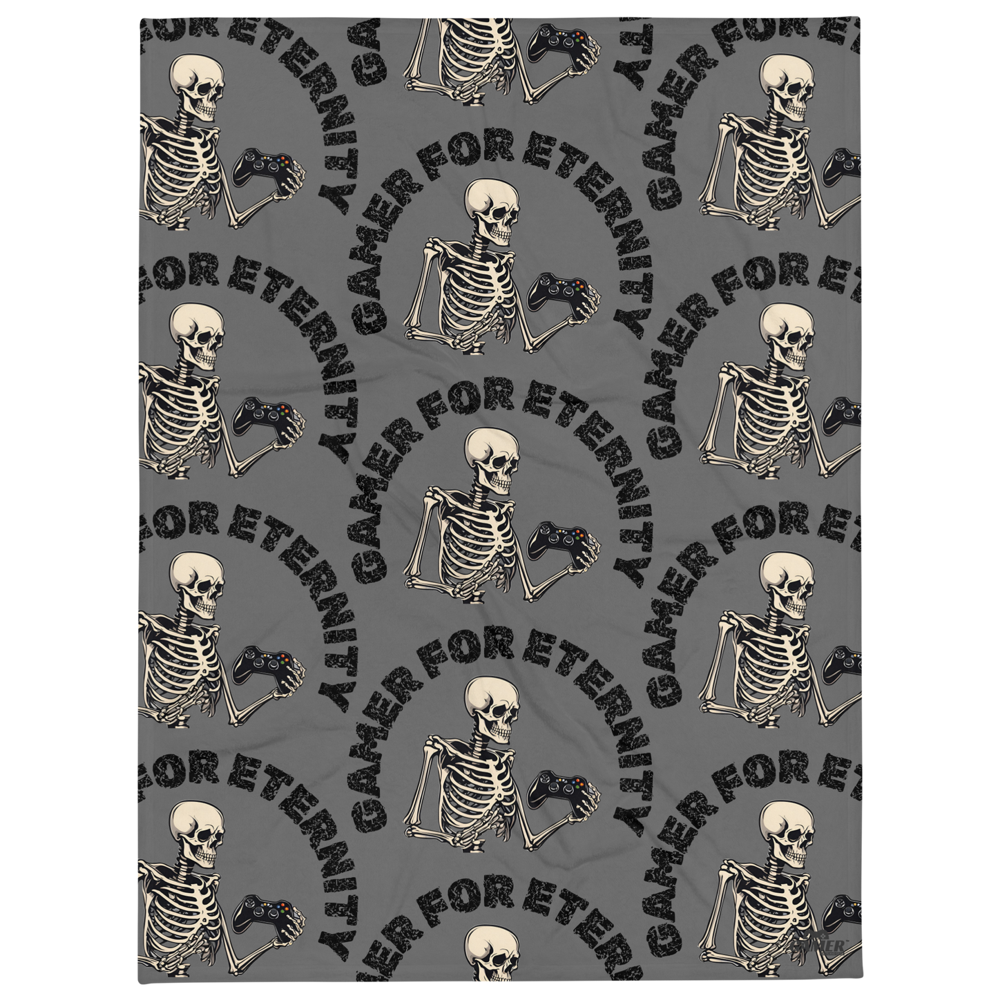 Repeated Gamer For Eternity logo on grey throw blanket