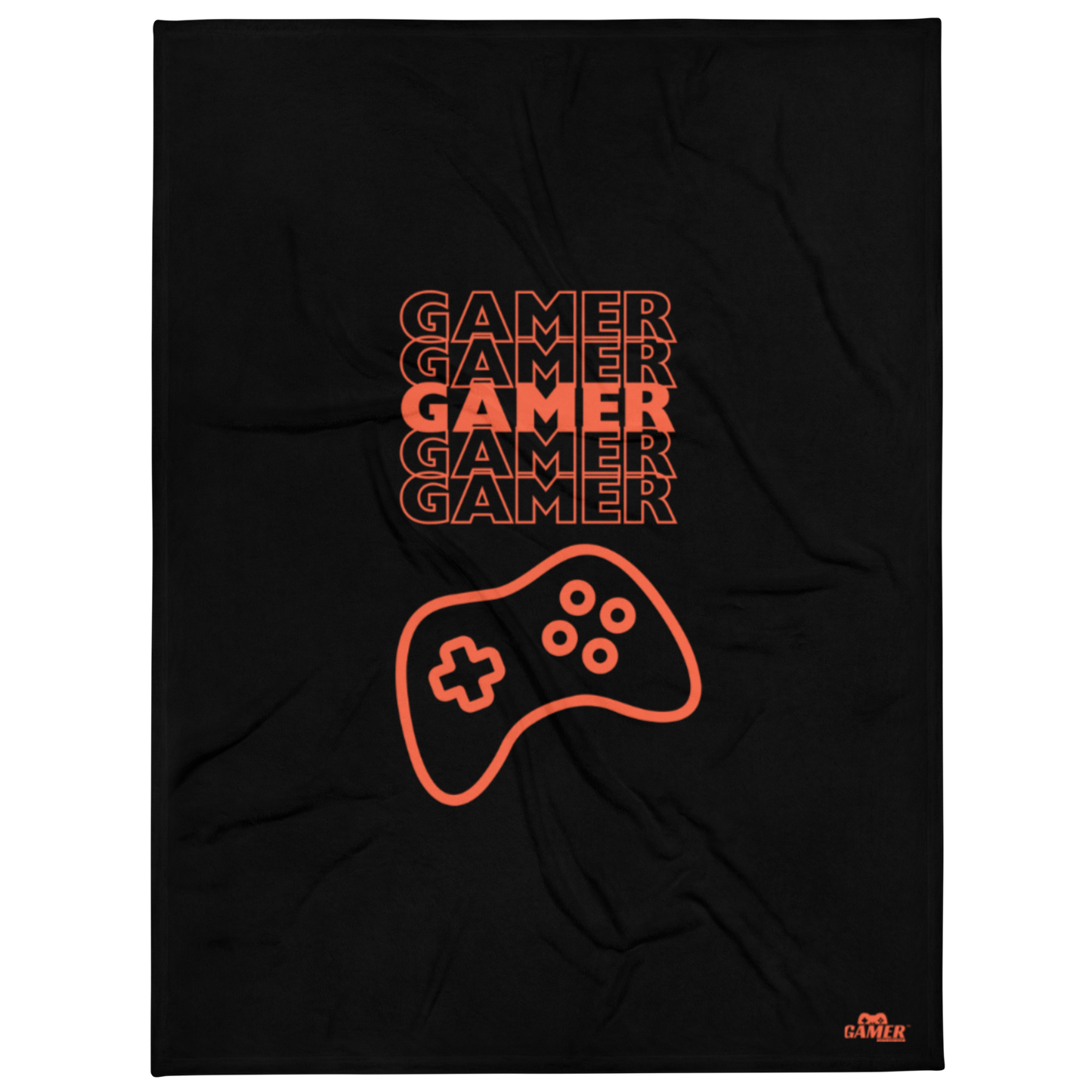 Gamer repeated 5 times in orange with an orange game controller logo on Black blanket