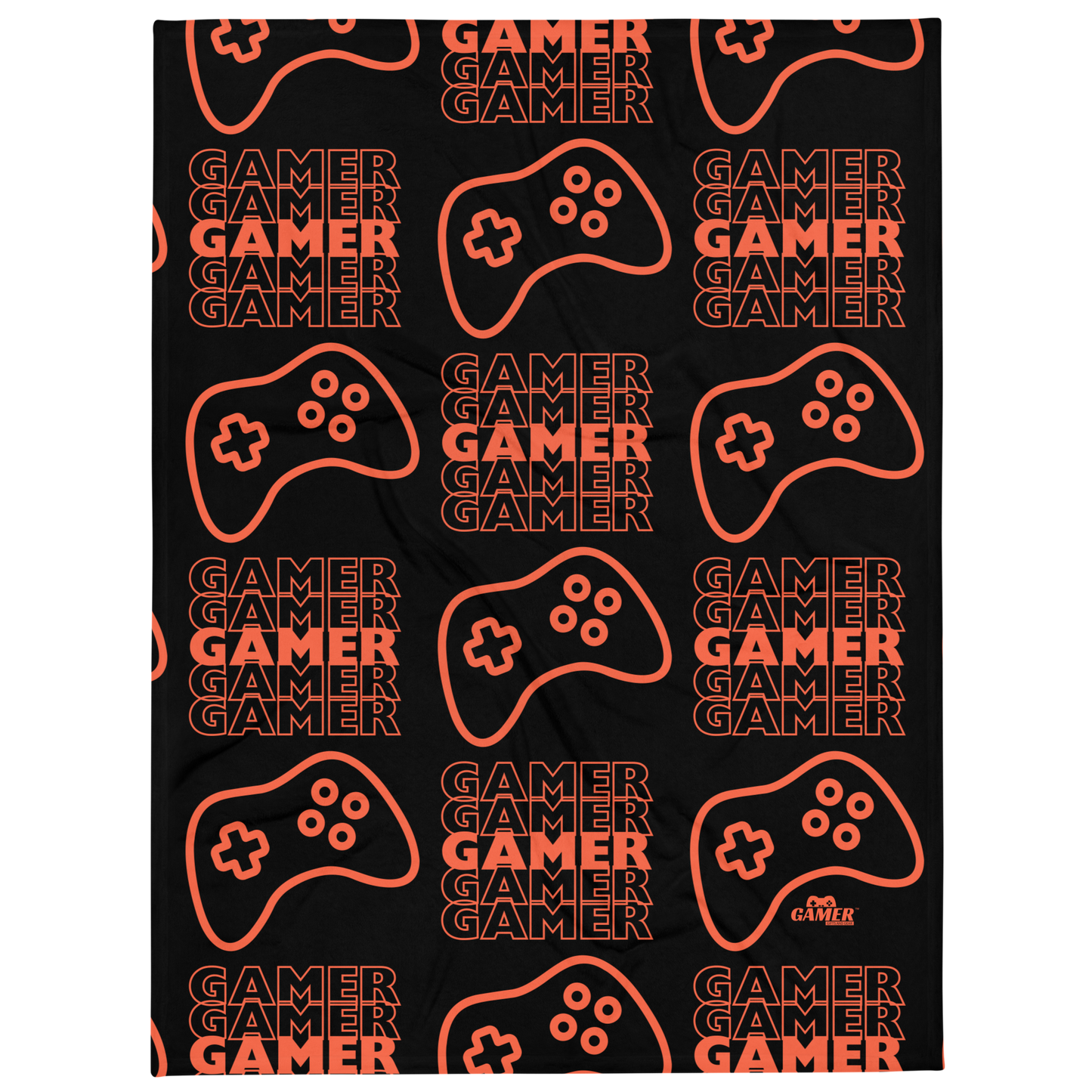 Black blanket with the word Gamer repeated 5 times in orange with an orange game controller - all in a repeated pattern, with small orange Gamer Gifts and Gear logo