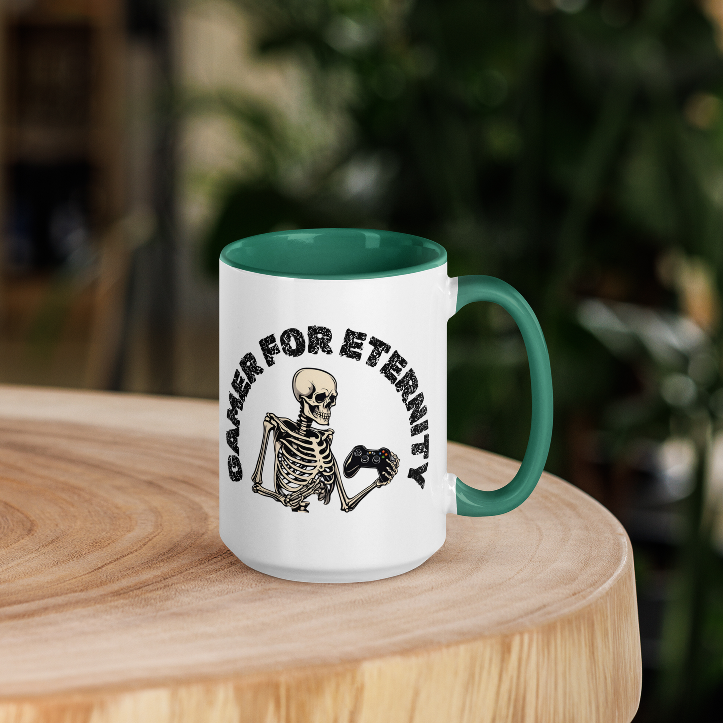 Skeleton Gamer for Eternity Logo on a White Mug with Green handle and Green inside