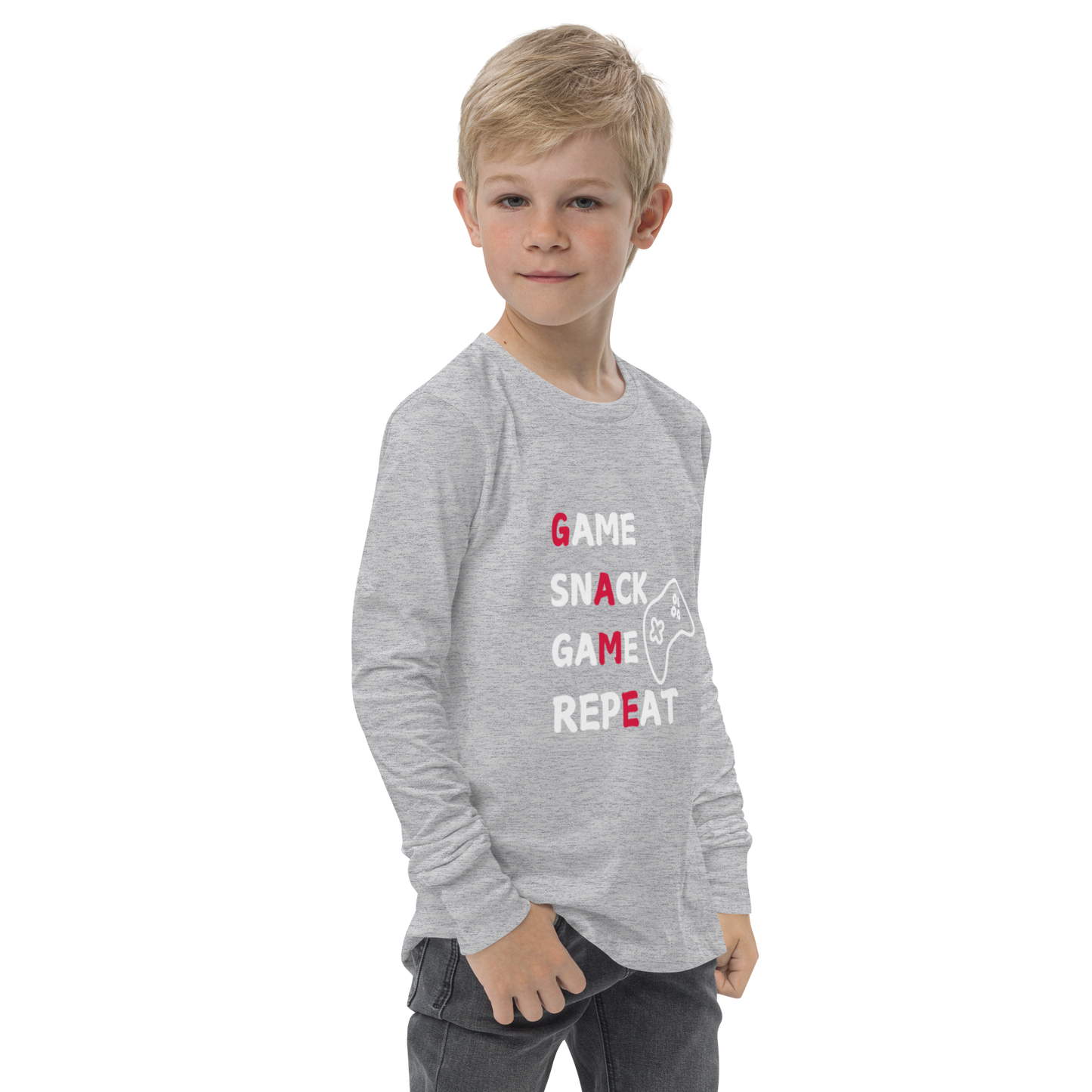game snack repeat white & red lettering logo on Athletic Heather colored youth long sleeve tee