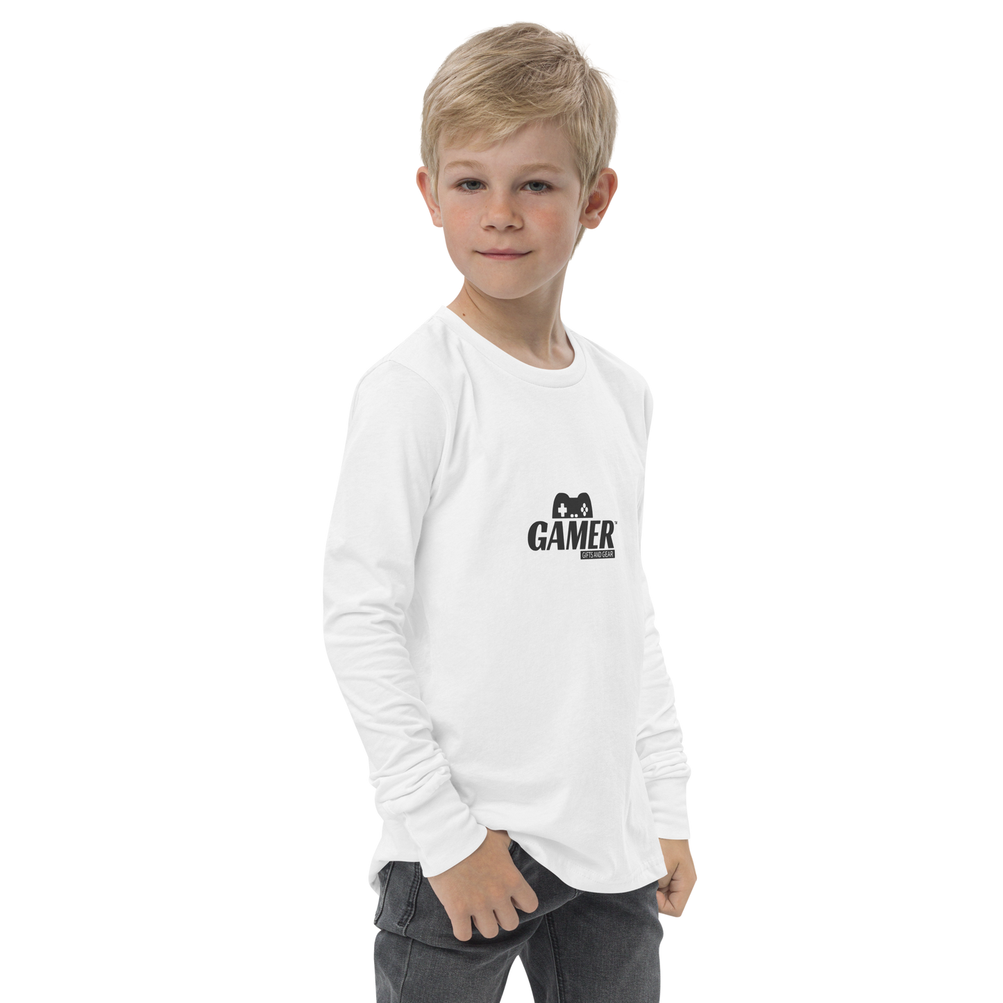 Gamer Gifts and Gear logo on White youth long sleeve tee