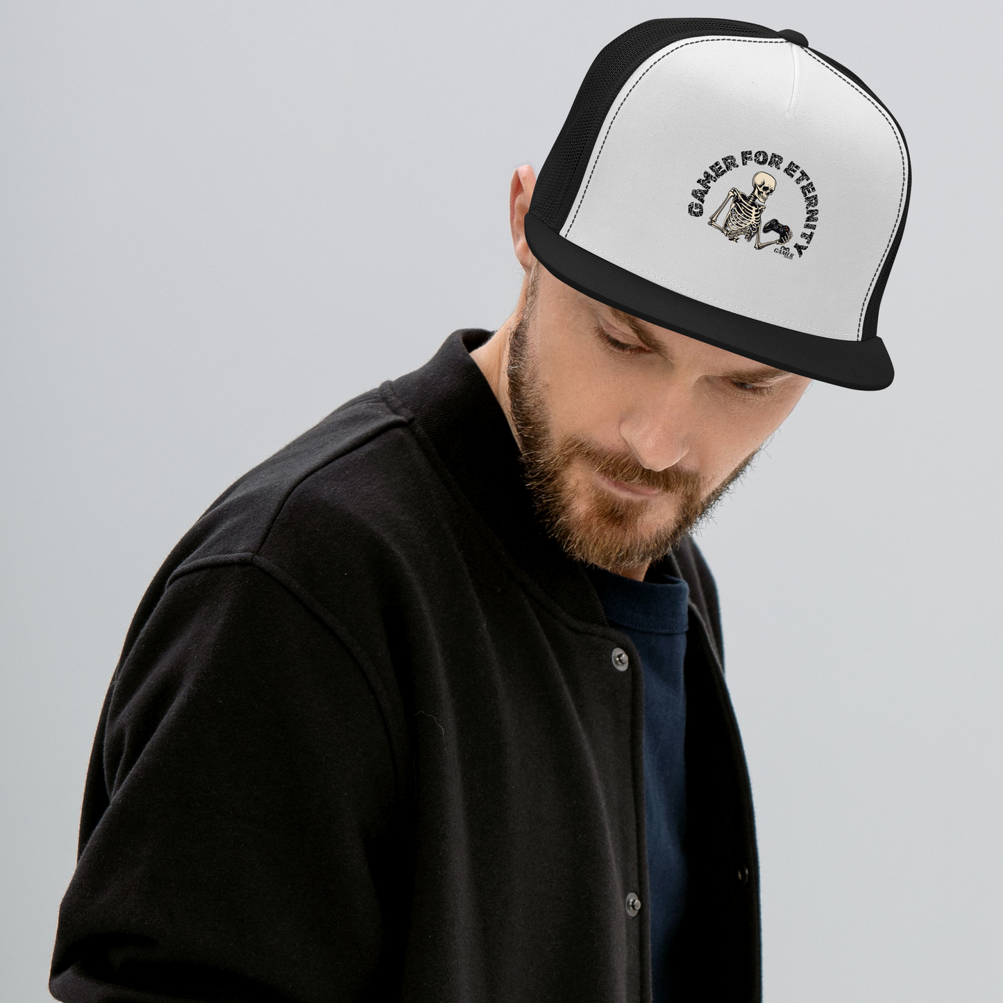 Skeleton Gamer for Eternity Logo on white front / black brim and back mesh trucker cap