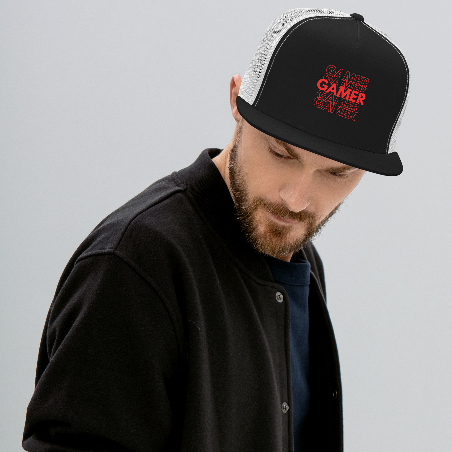 gamer repeat logo on black front white mesh trucker cap