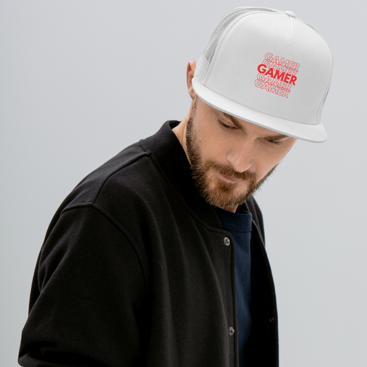 gamer repeat logo on white front white mesh trucker cap