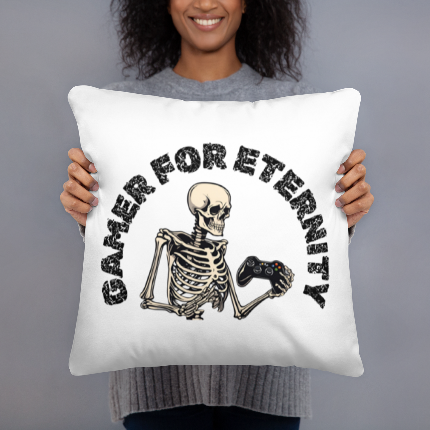 Skeleton Gamer for Eternity Logo on white colored pillow