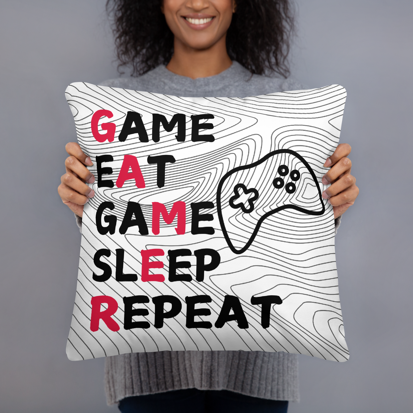 game eat sleep repeat logo on white with black pattern lines pillow