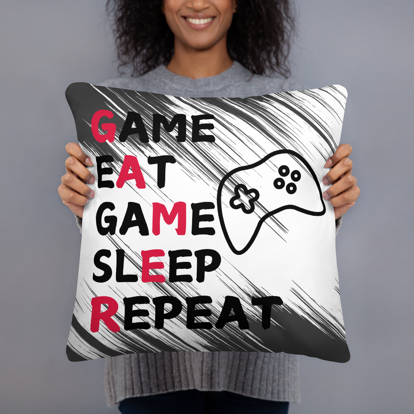 game eat sleep repeat logo on grey and white streak pillow