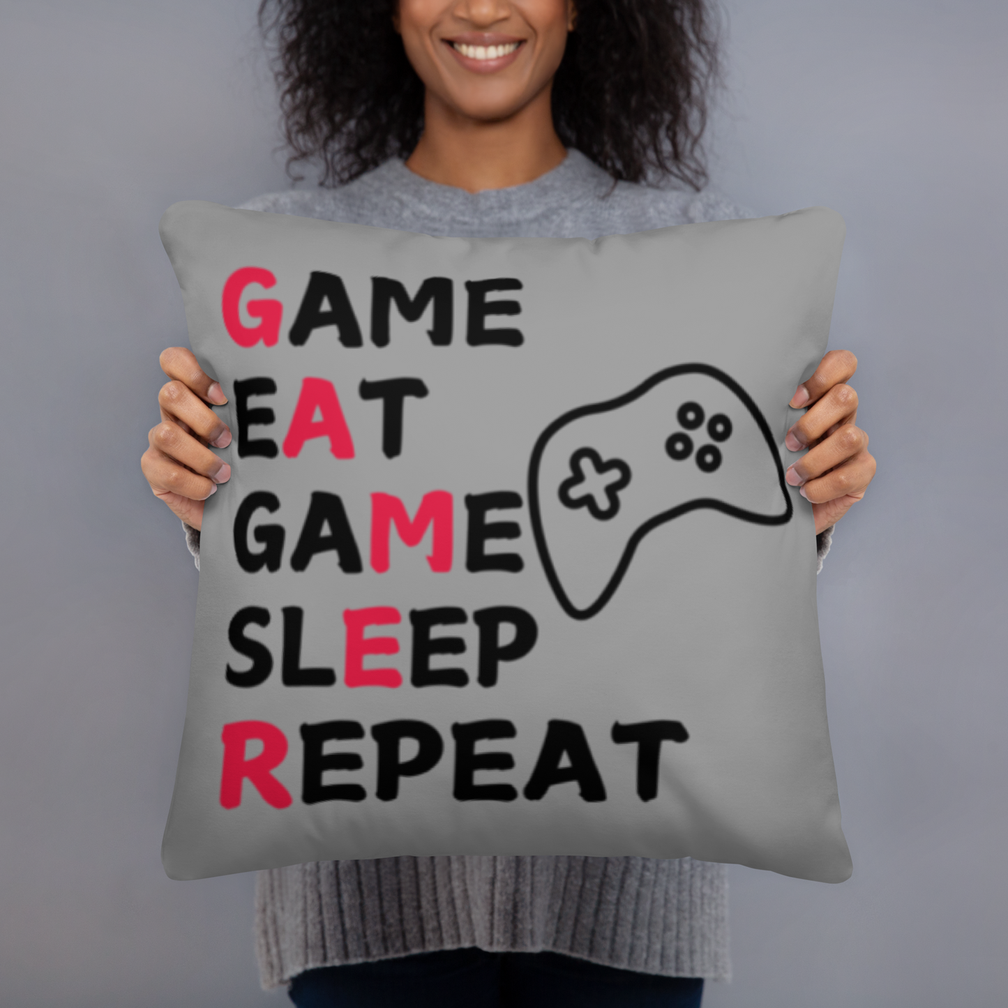 game eat sleep repeat logo on medium grey pillow