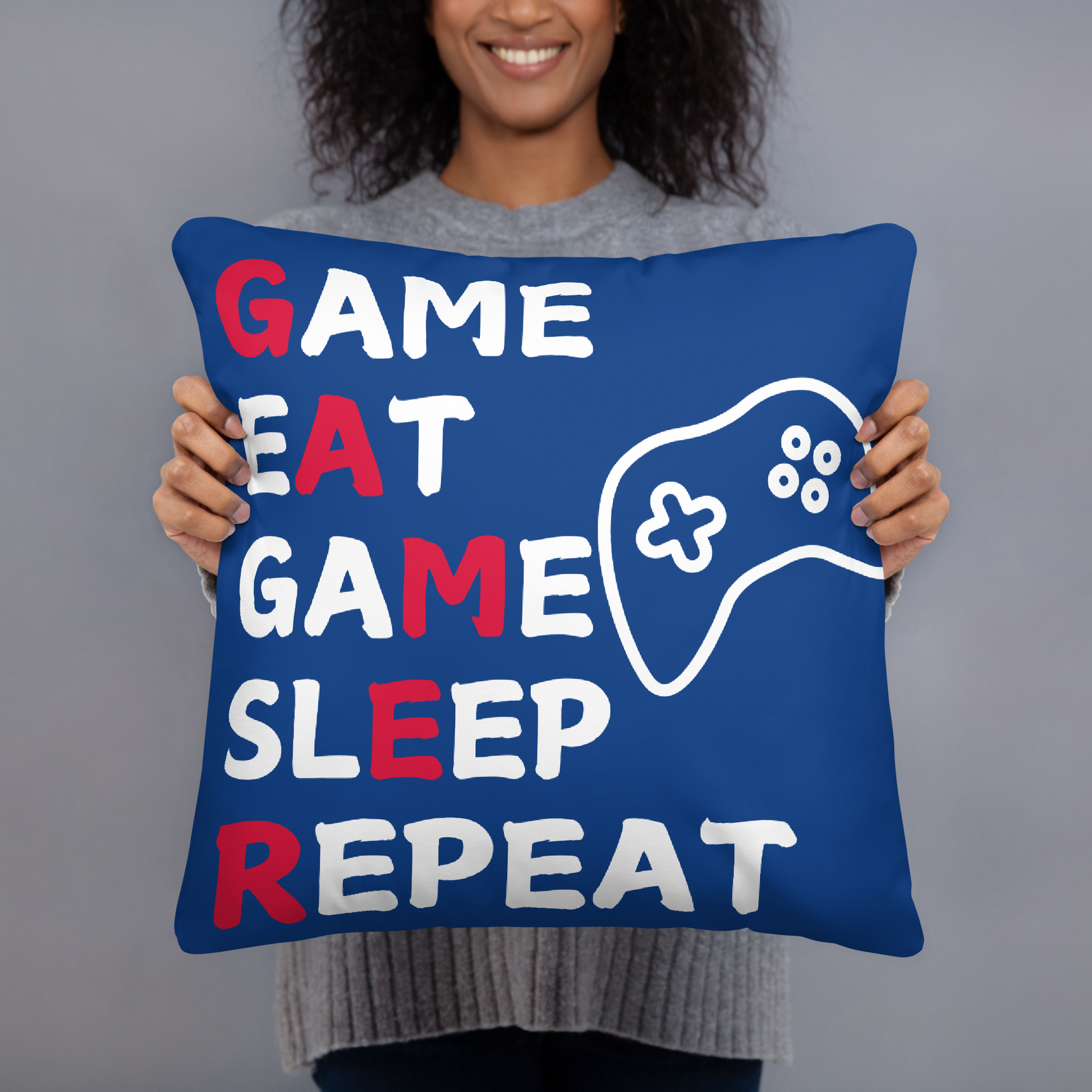 game eat sleep repeat logo on white pillow