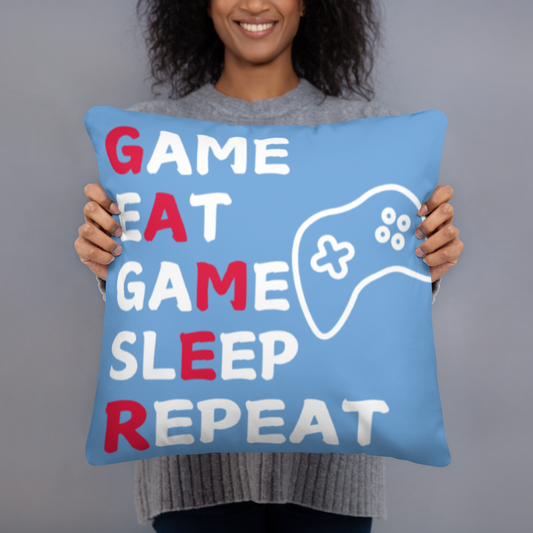 game eat sleep repeat logo medium blue pillow