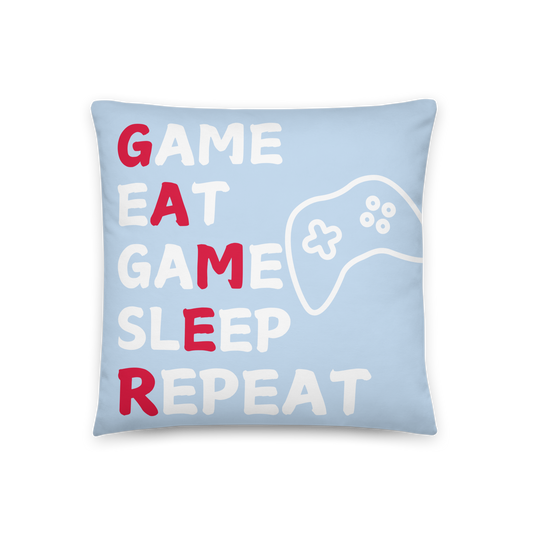 game eat sleep repeat logo light blue pillow