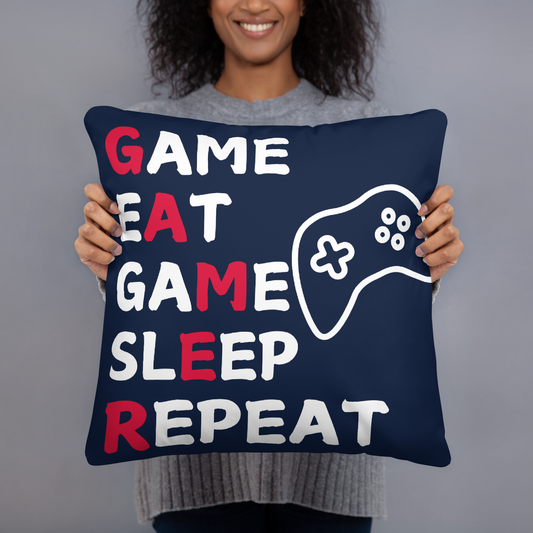 game eat sleep repeat logo on navy pillow