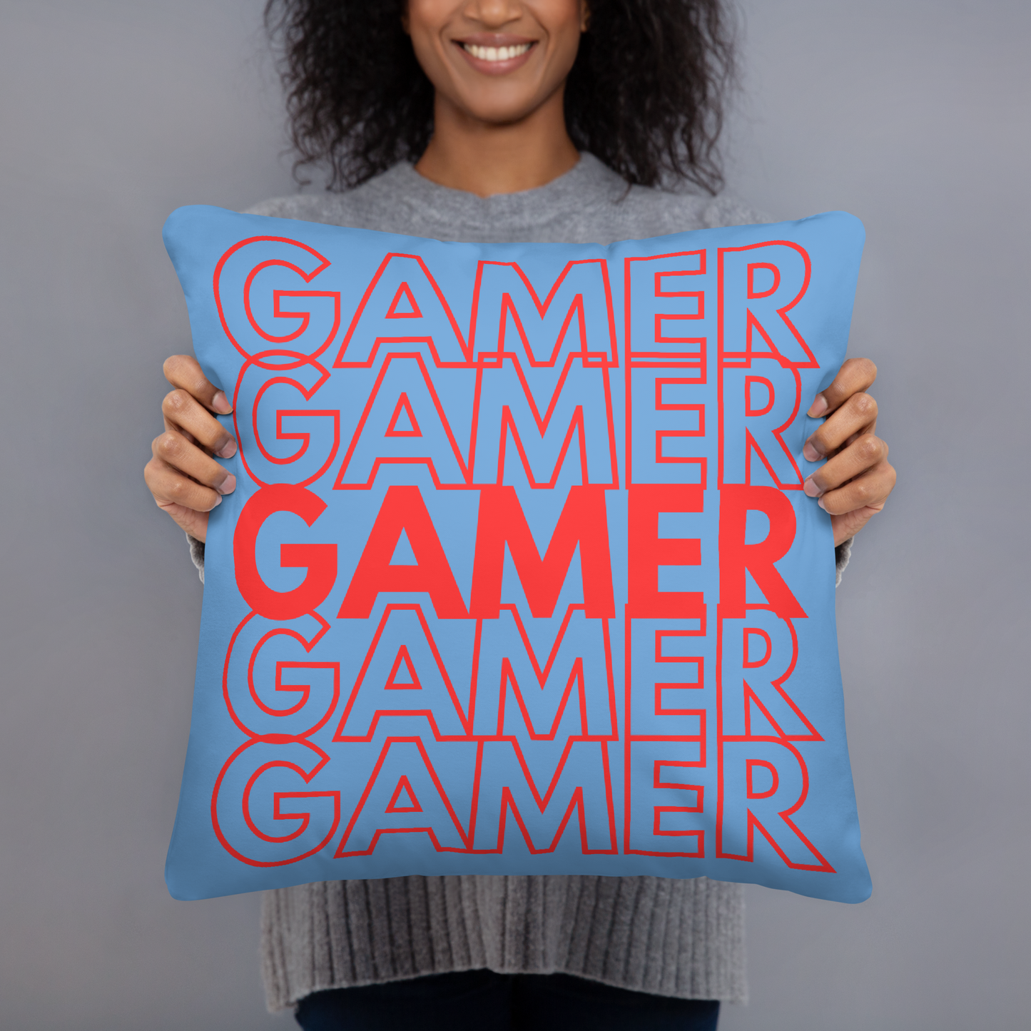 gamer repeat logo on blue pillow