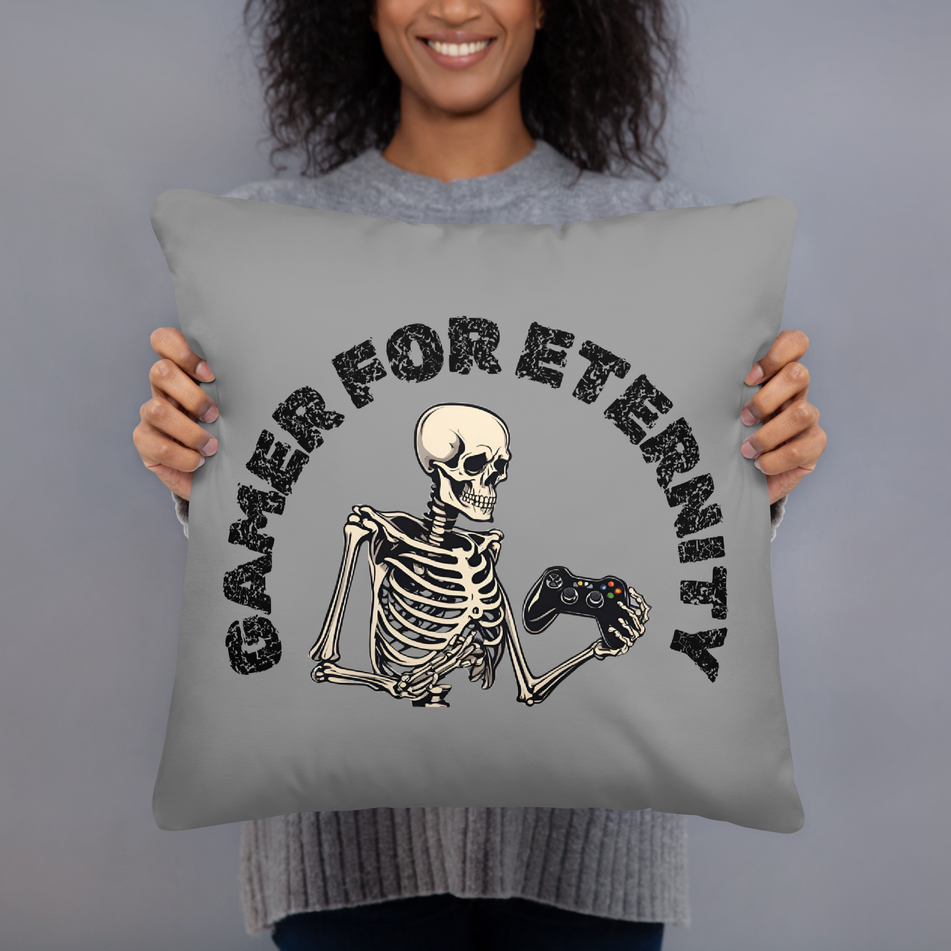 gamer for eternity logo on grey pillow