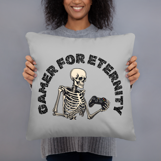 gamer for eternity logo on light grey pillow