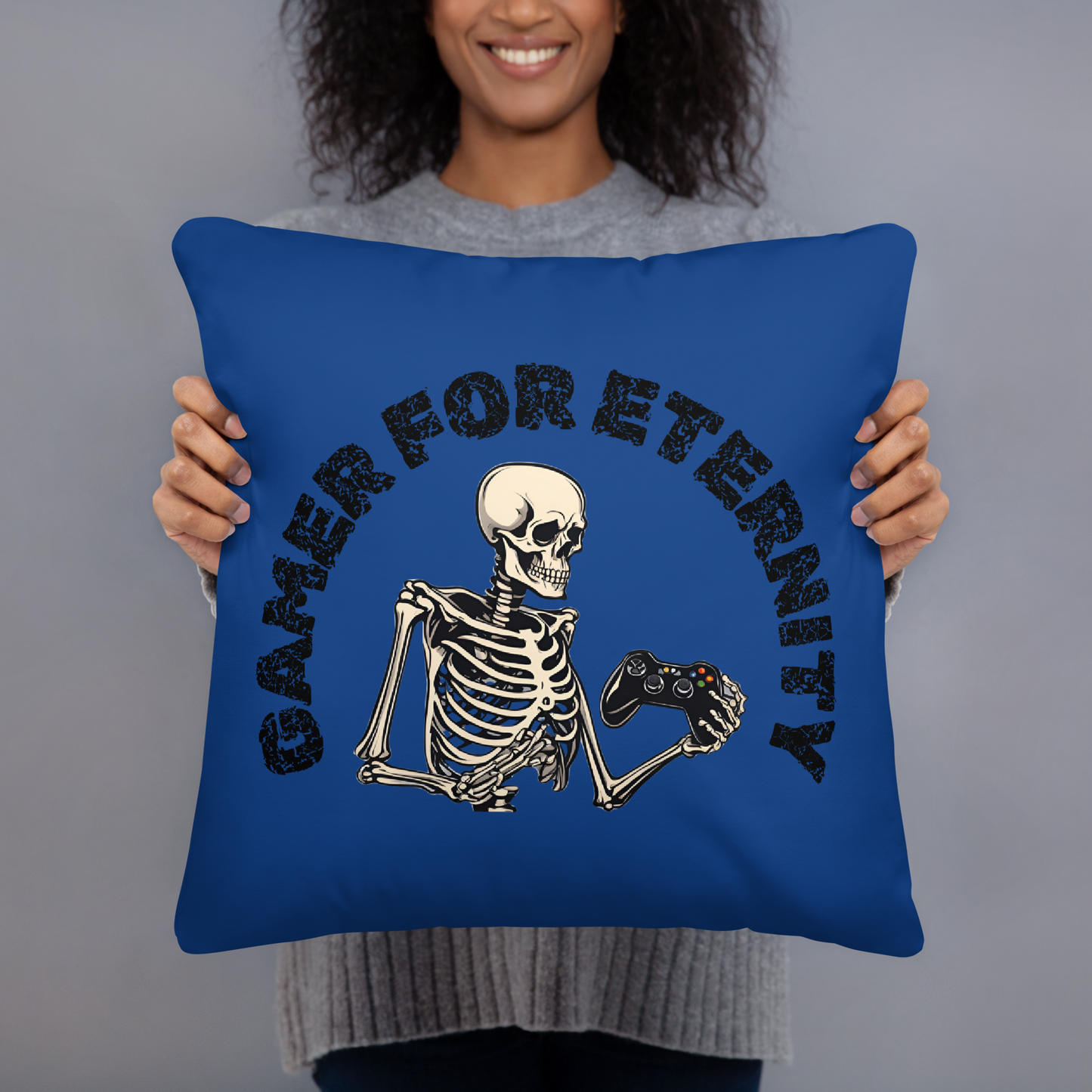 gamer for eternity logo on blue pillow