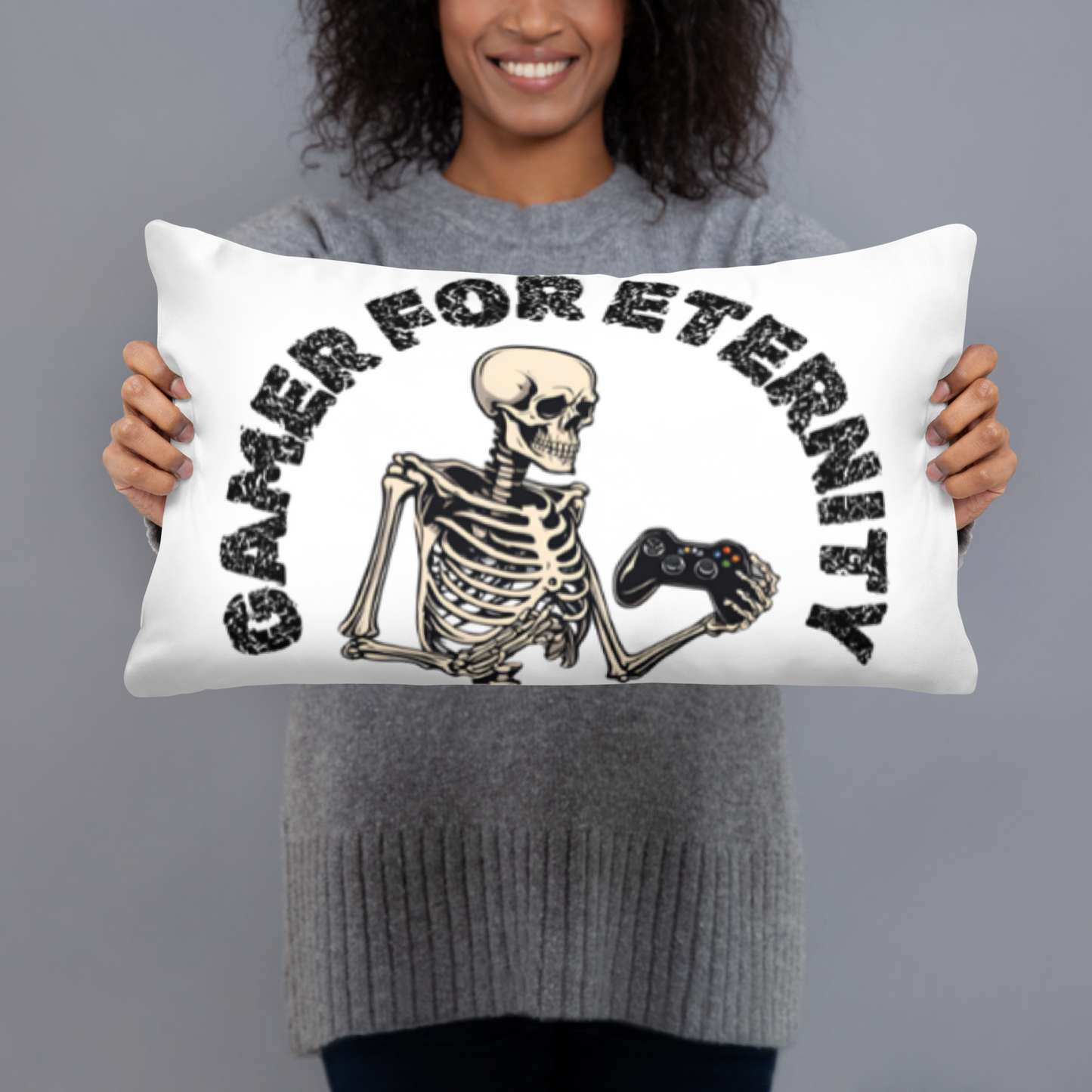 Skeleton Gamer for Eternity Logo on white colored pillow