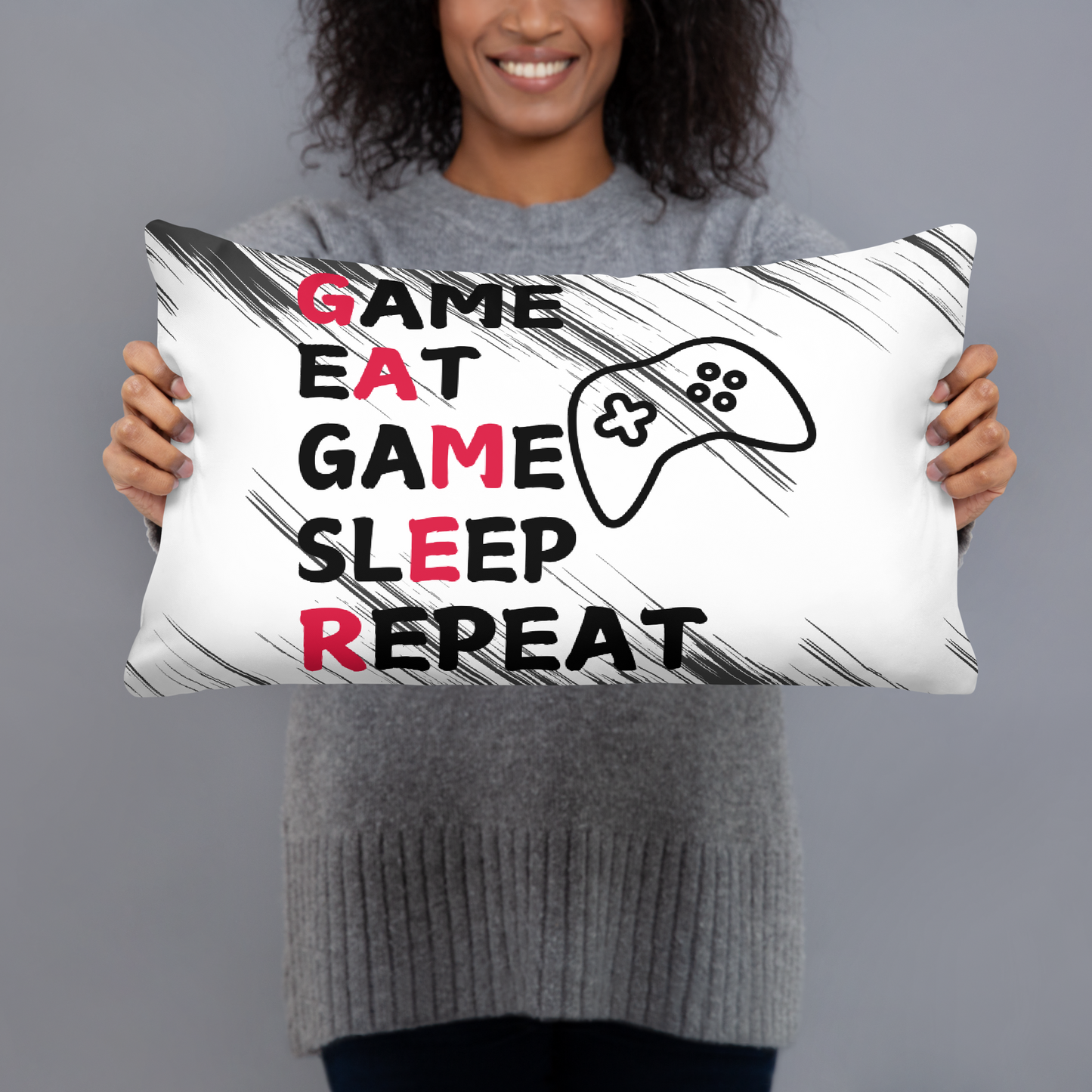 game eat sleep repeat logo on grey and white streak pillow