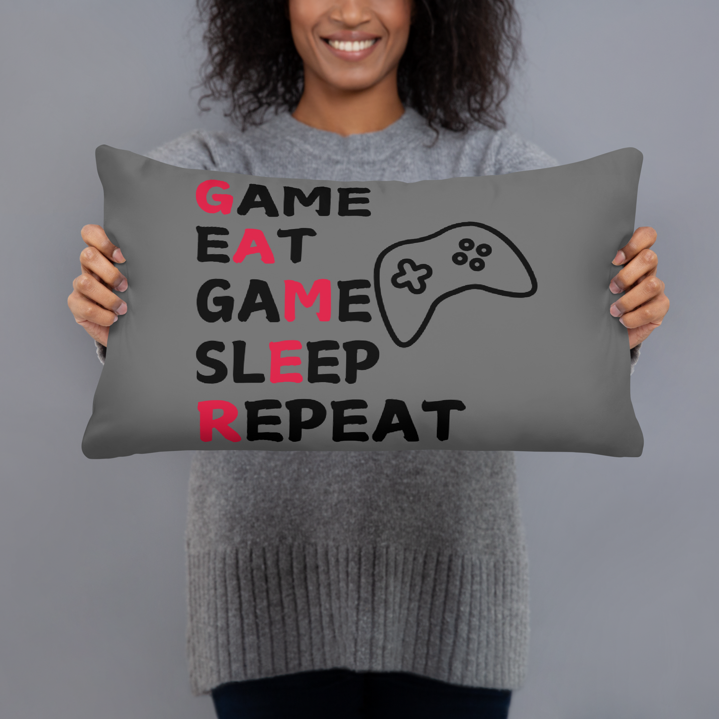 game eat sleep repeat logo on dark grey pillow