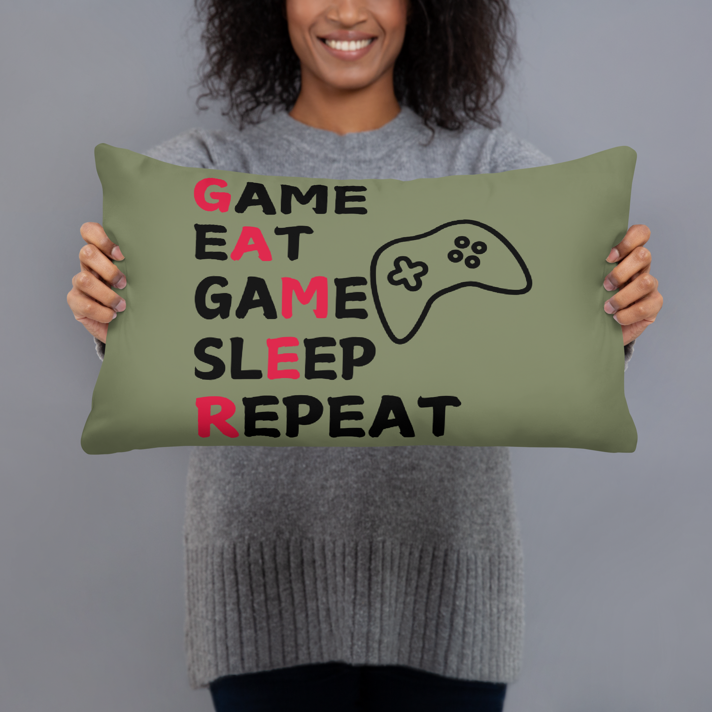 game eat sleep repeat logo on green pillow