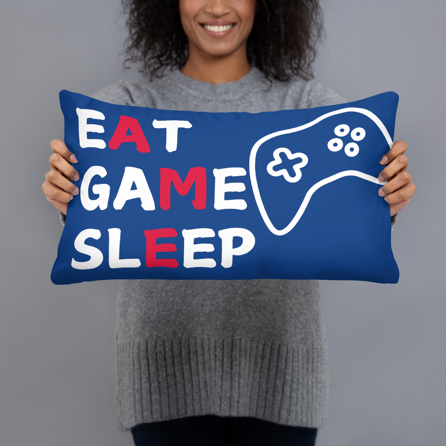 game eat sleep repeat logo on white pillow