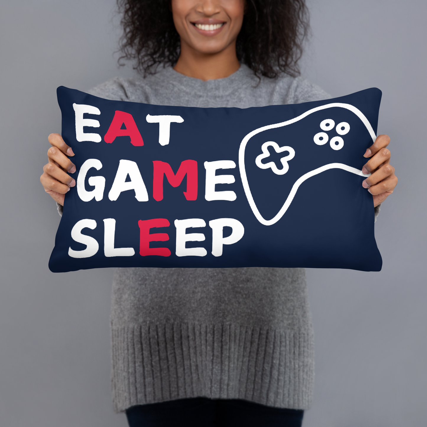 game eat sleep repeat logo on navy pillow