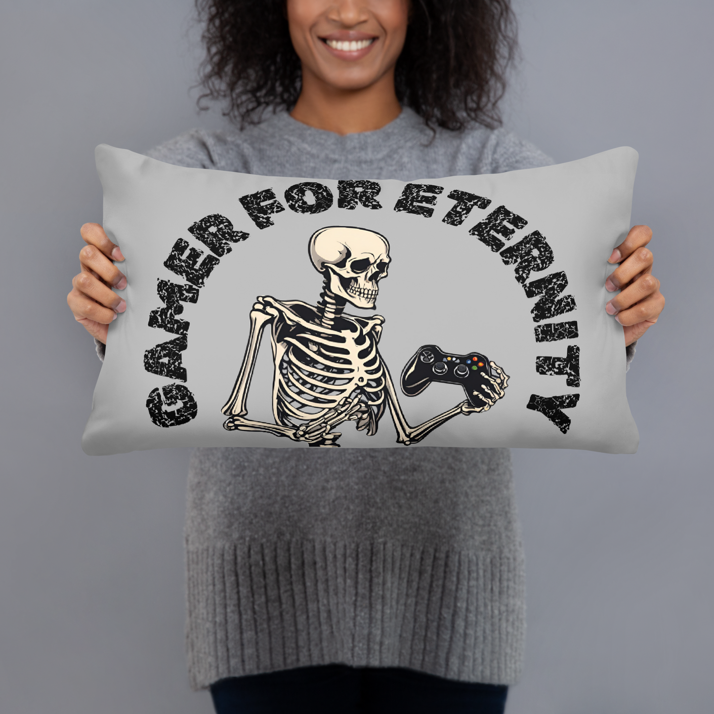 gamer for eternity logo on light grey pillow