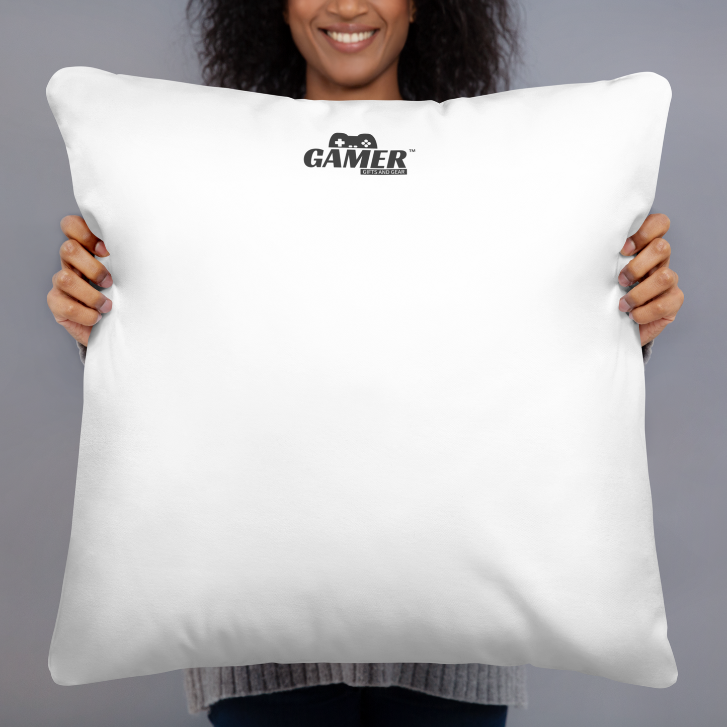 Small Gamer Gifts and Gear Logo on top back of white colored pillow