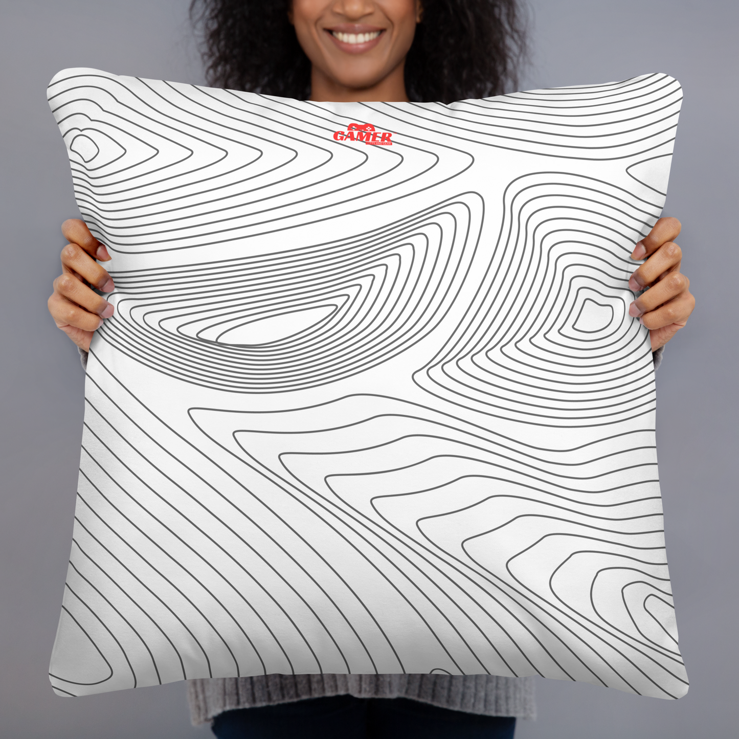 Gamer Gifts and Gear logo on back of white with black pattern lines pillow