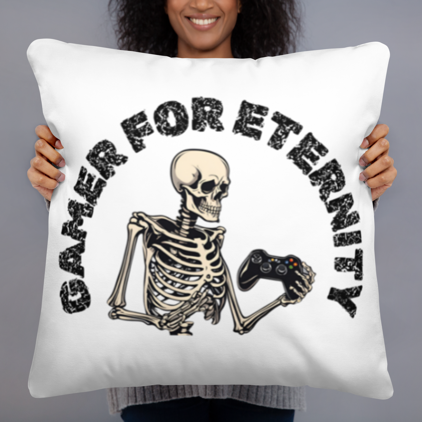 Skeleton Gamer for Eternity Logo on white colored pillow