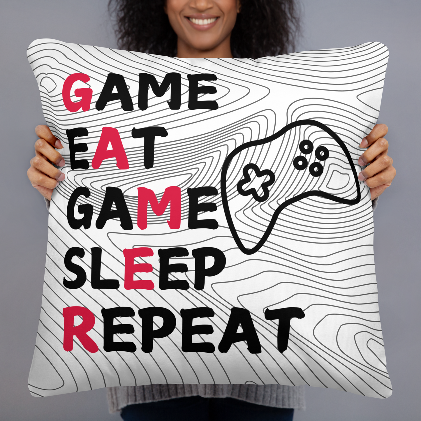 game eat sleep repeat logo on white with black pattern lines pillow