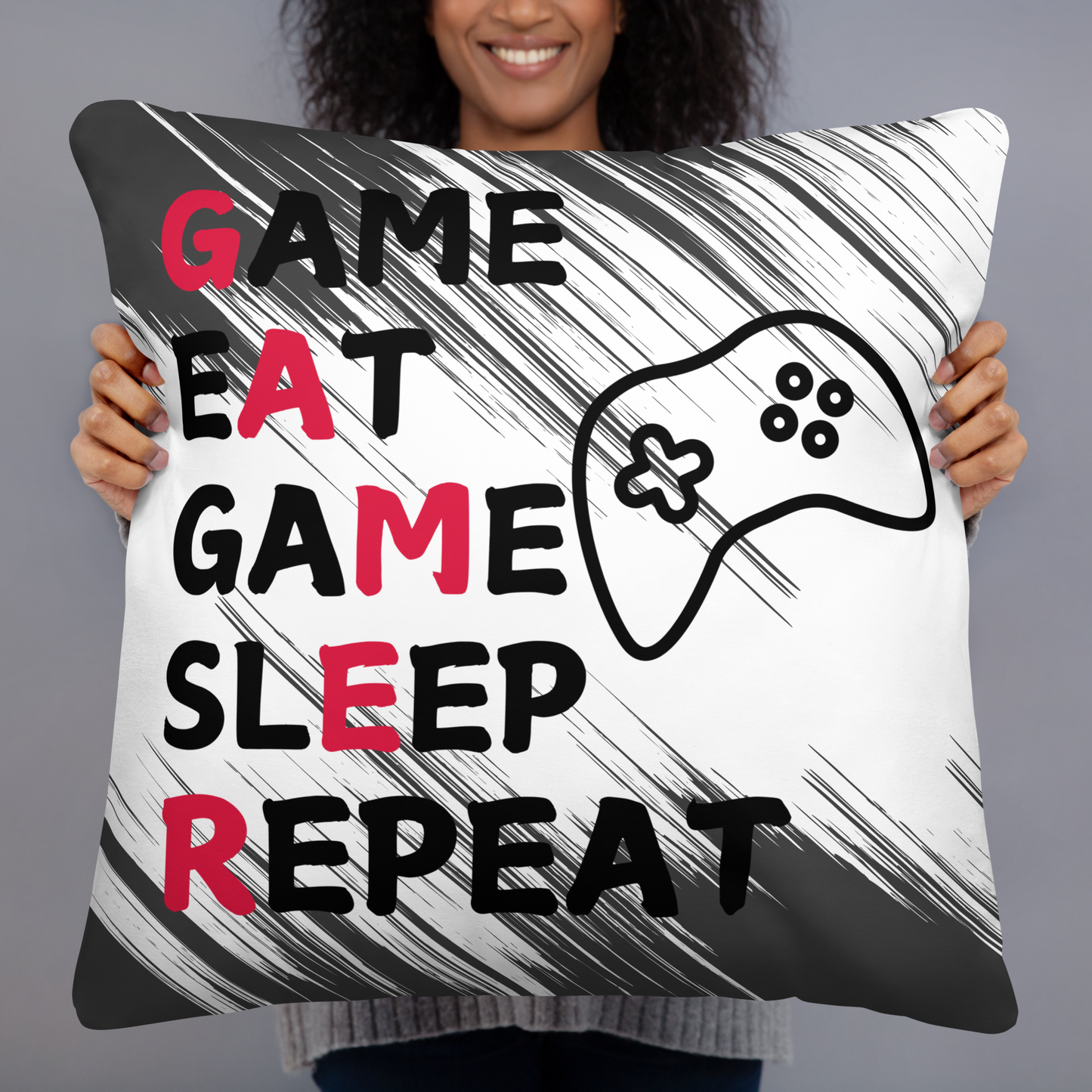 game eat sleep repeat logo on grey and white streak pillow