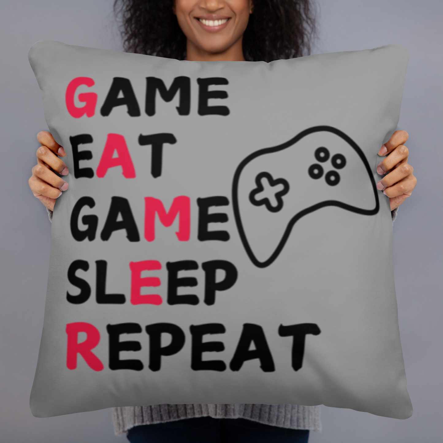 game eat sleep repeat logo on medium grey pillow