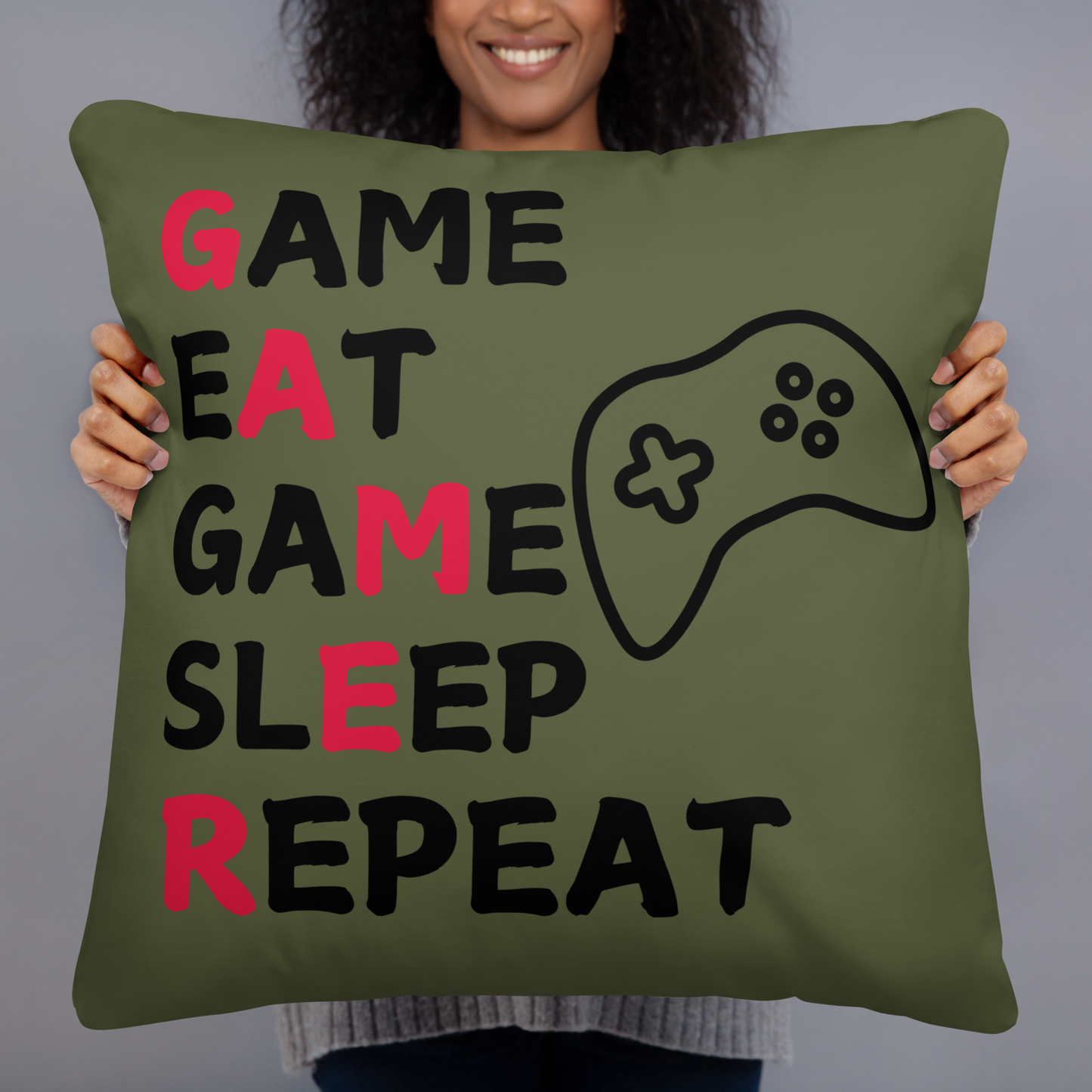 game eat sleep repeat logo on dark green pillow