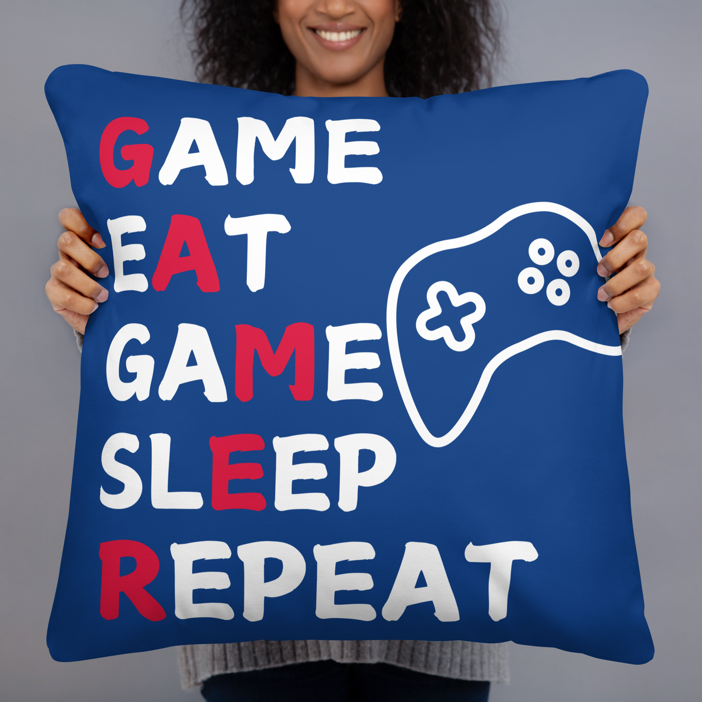 game eat sleep repeat logo on white pillow