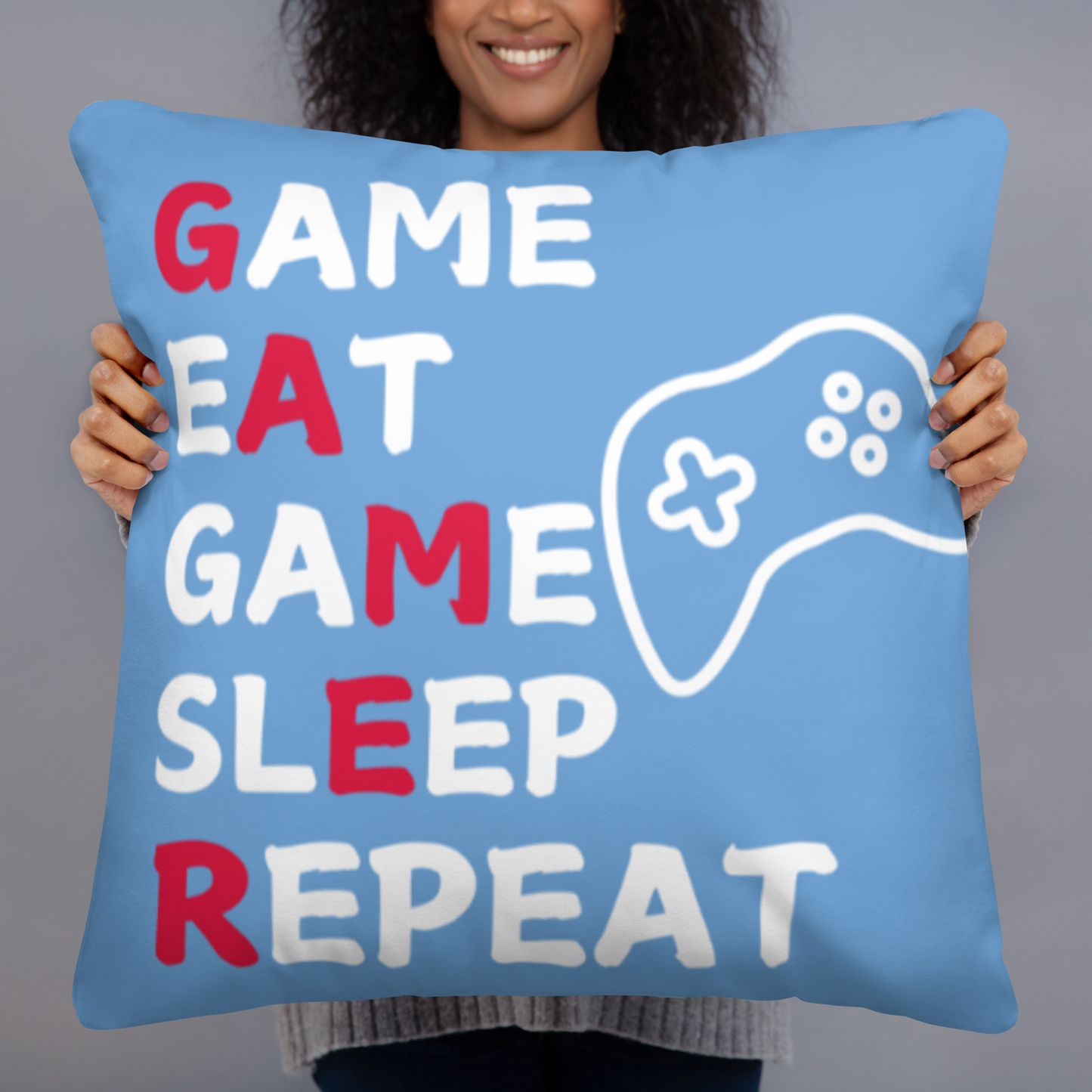 game eat sleep repeat logo medium blue pillow