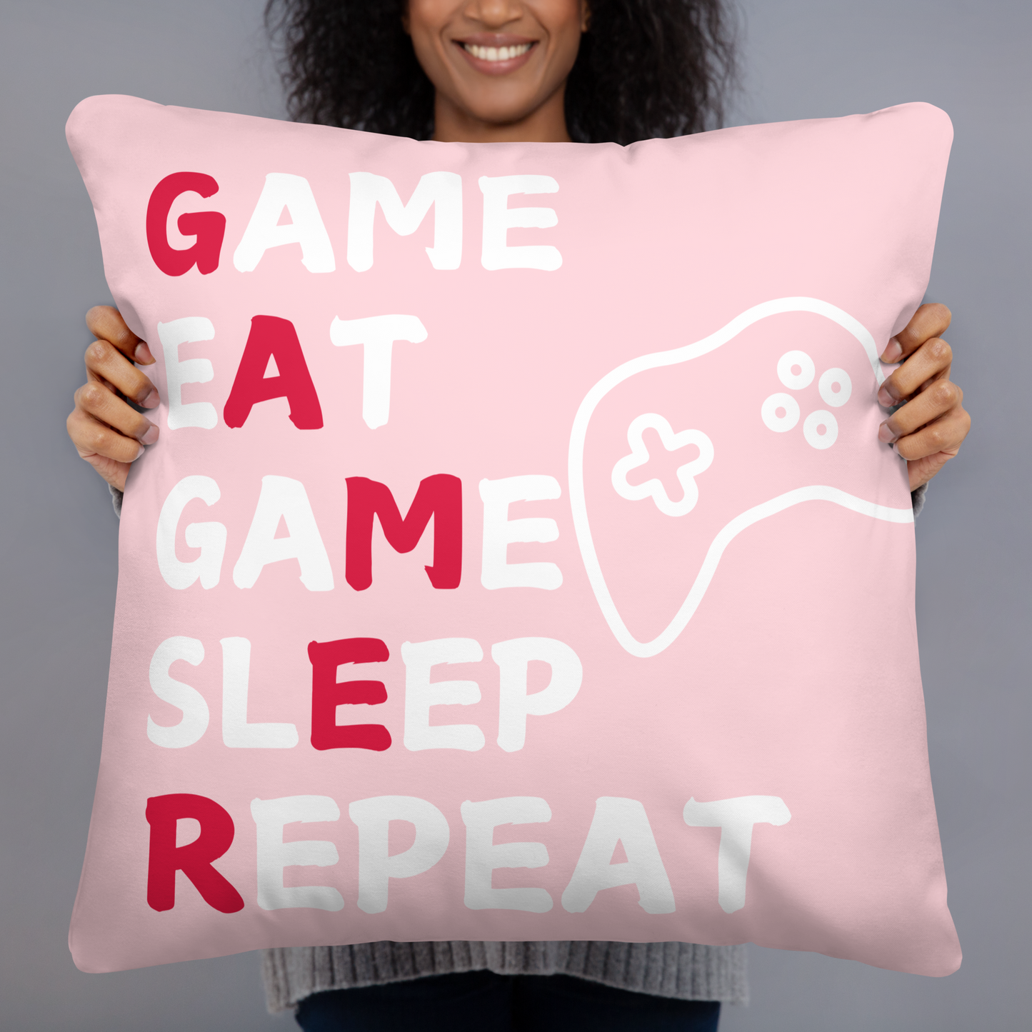 game eat sleep repeat logo pink pillow