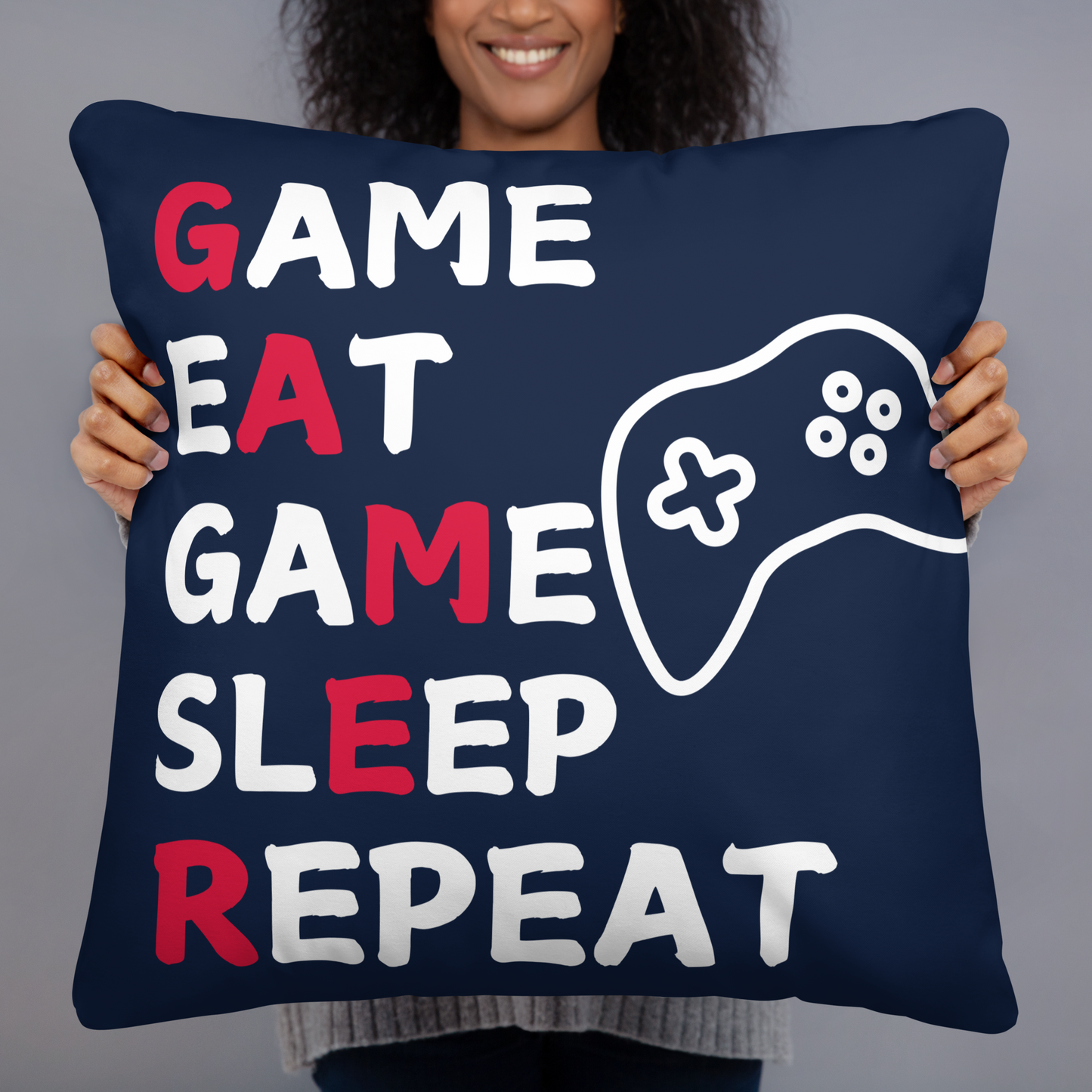 game eat sleep repeat logo on navy pillow