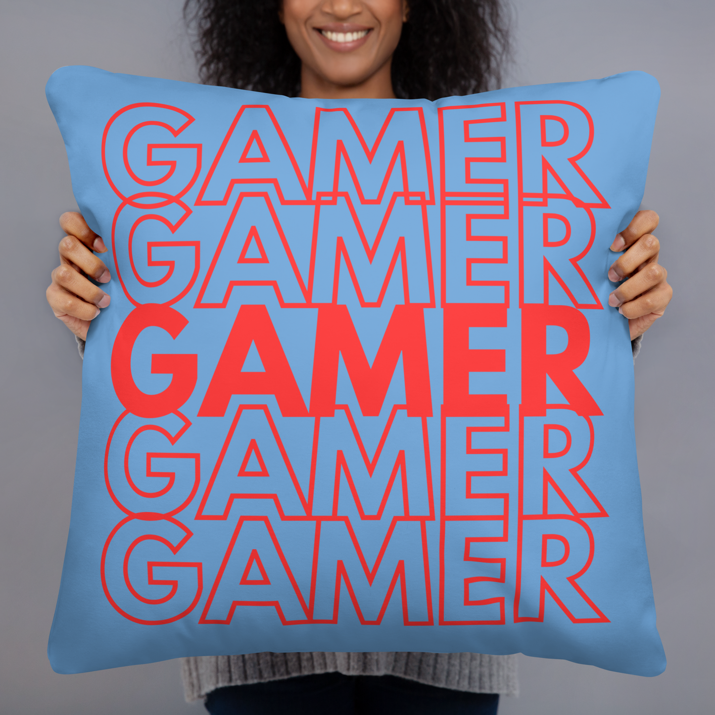 gamer repeat logo on blue pillow