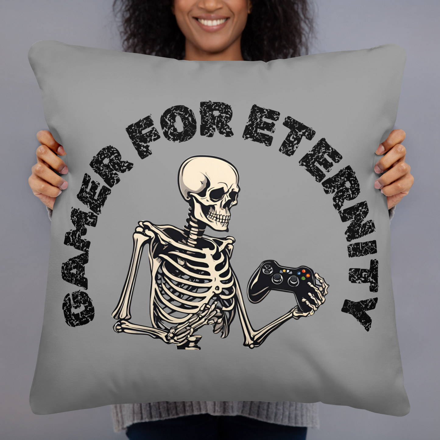 gamer for eternity logo on grey pillow