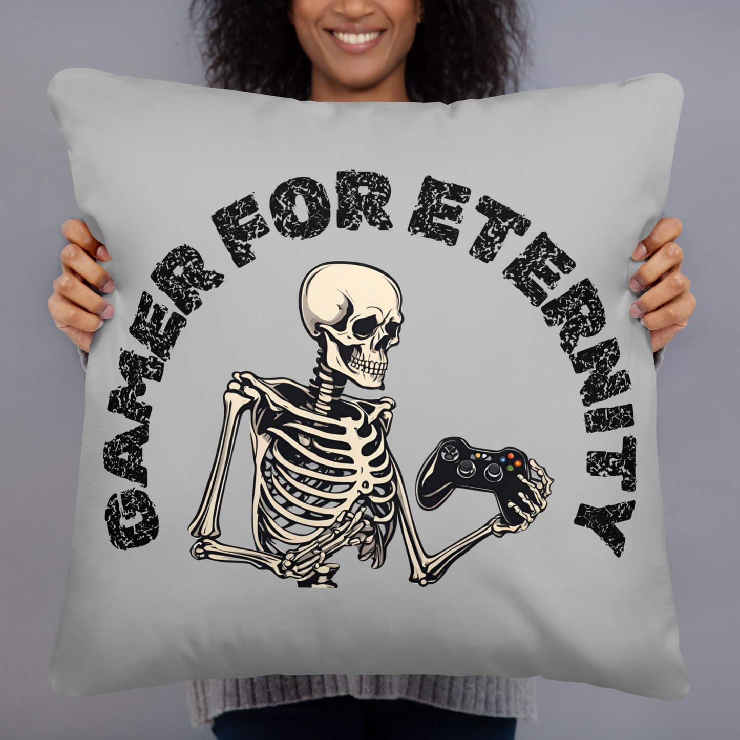 gamer for eternity logo on light grey pillow