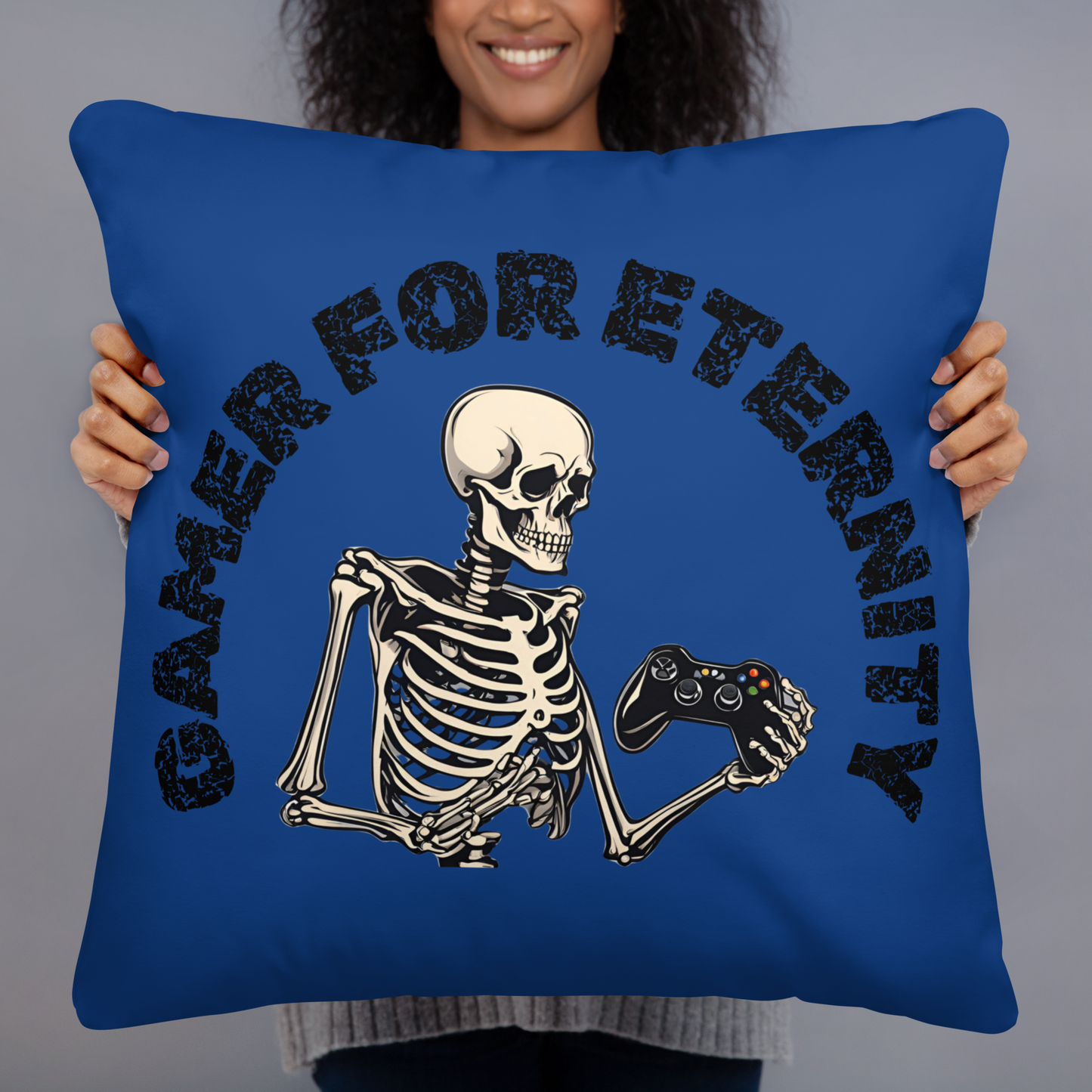 gamer for eternity logo on blue pillow