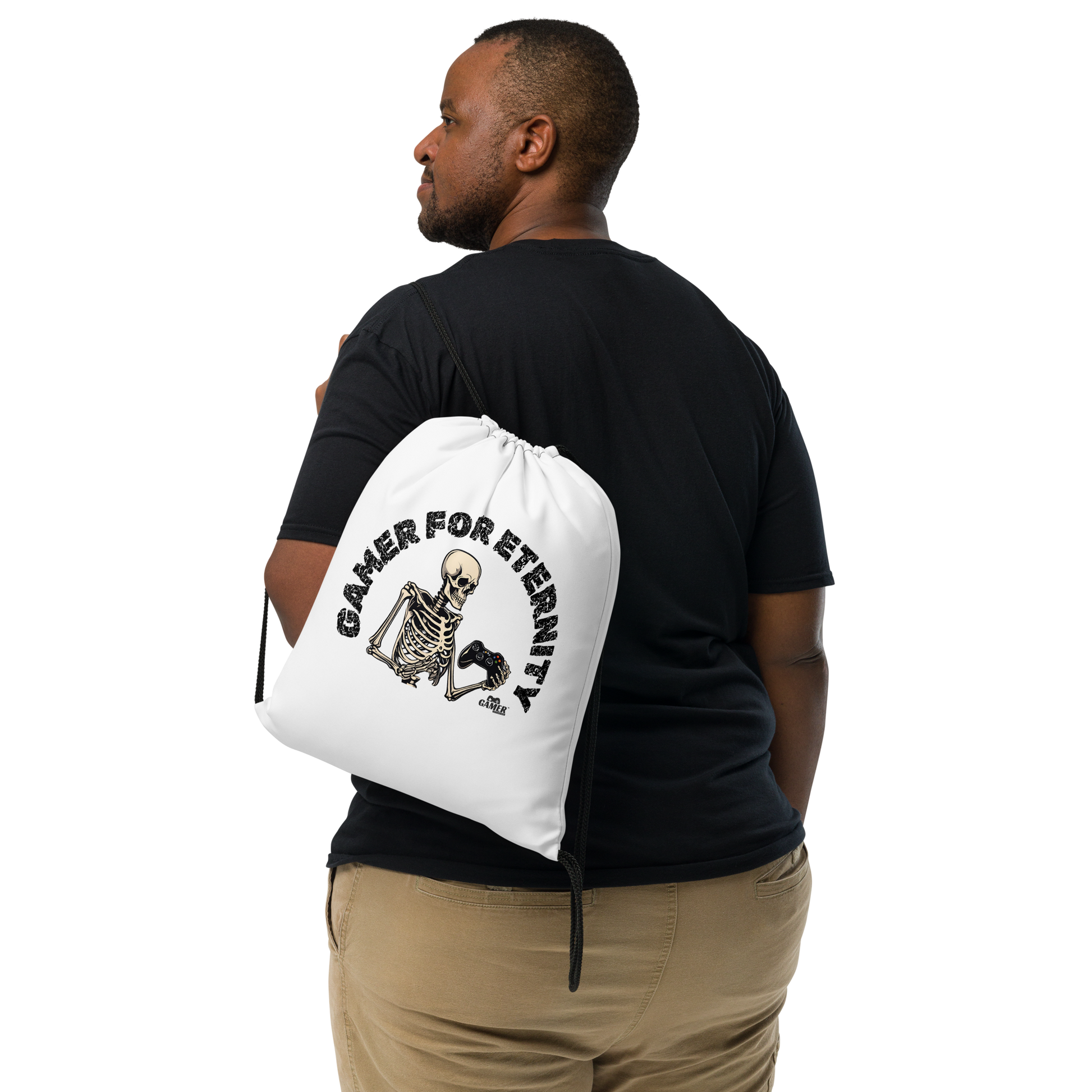 Gamer For Eternity logo on white drawstring bag