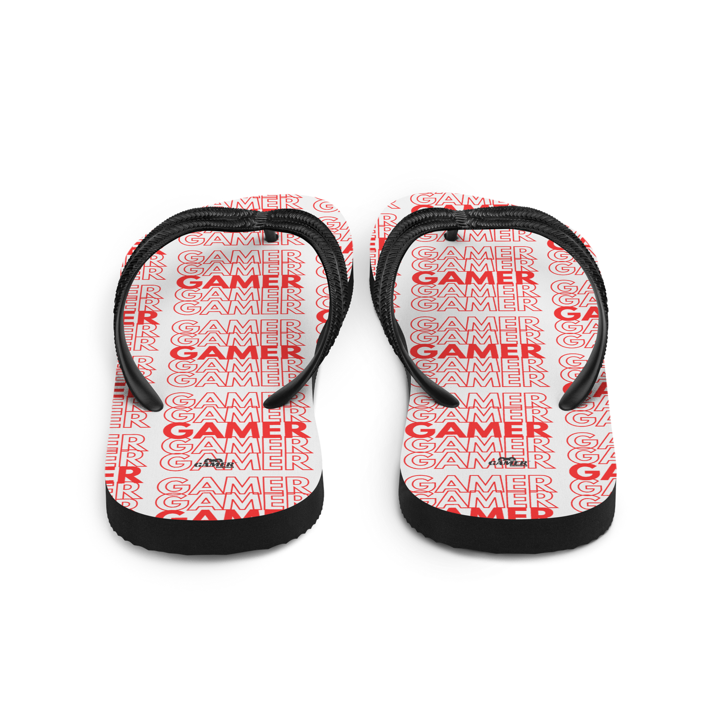 Gamer Repeat logo on Flip-Flops white foot bed black base and black straps