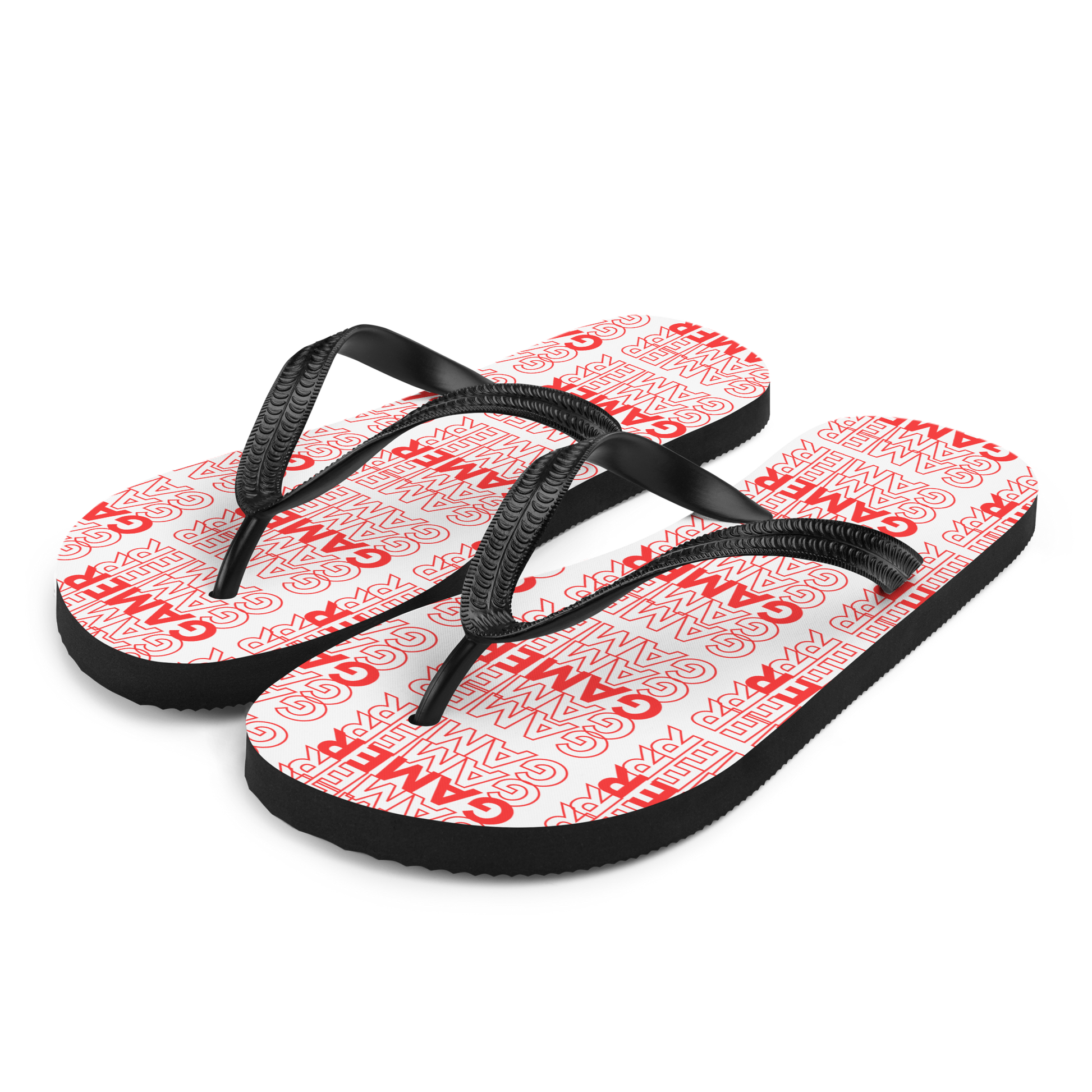 Gamer Repeat logo on Flip-Flops white foot bed black base and black straps